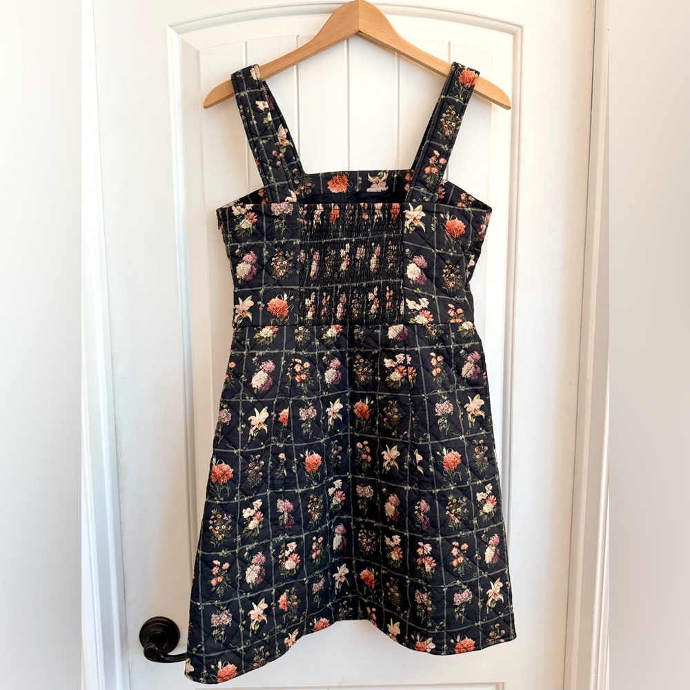 EDDY Black Floral Print Quilted Square Neck Sleeveless Mini Dress Size Medium - Picture 6 of 10